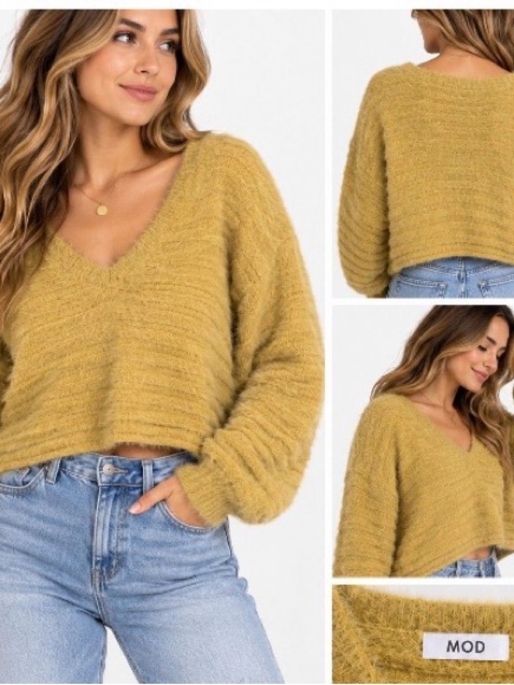 MOD Mustard V-Neck Fuzzy Cropped Sweater